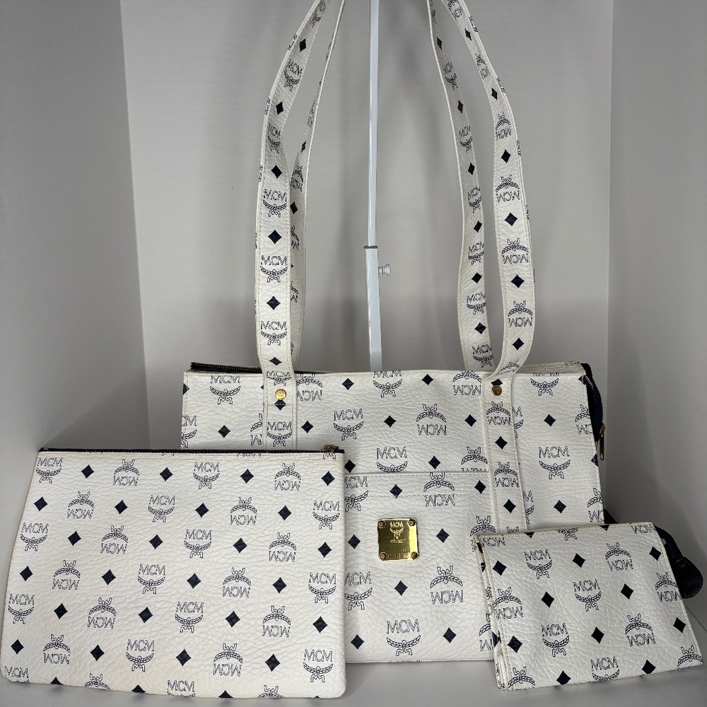 Vintage MCM Shoulder Bag White with matching clutch and accessories bag